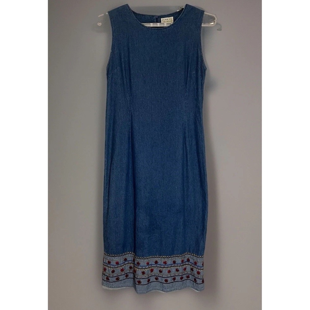 PMG Collection VTG Denim Embroidered Midi Sheath Dress Blue Womens size 14‎